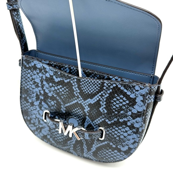 Michael Kors Small Reed Leather Saddle Crossbody Bag Snakeskin Denim - Picture 8 of 11